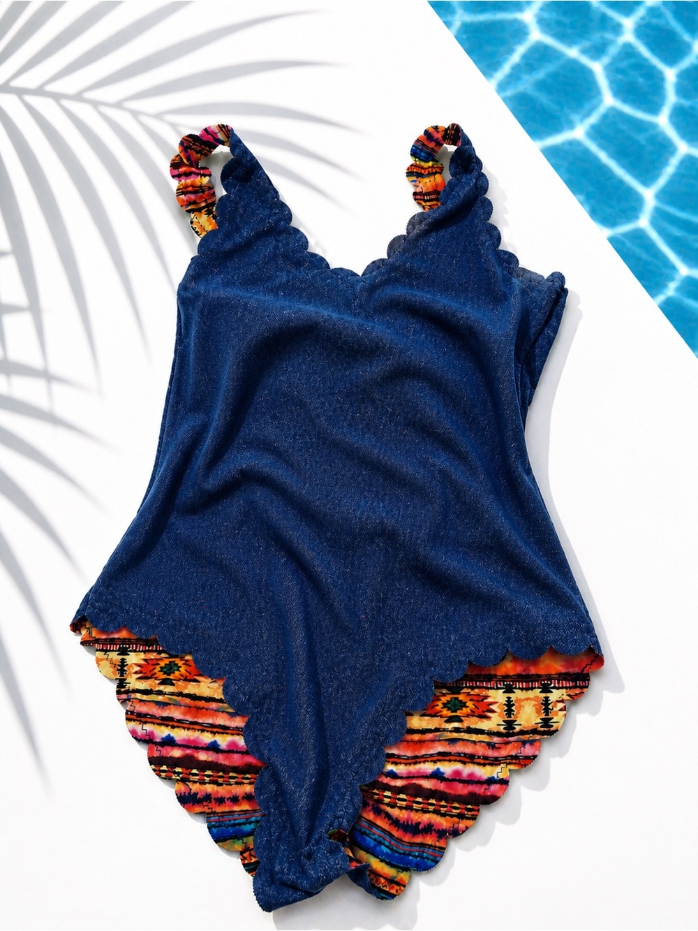 Agua Bendita Navy One-Piece Swimsuit with Multicolor Tribal Trim